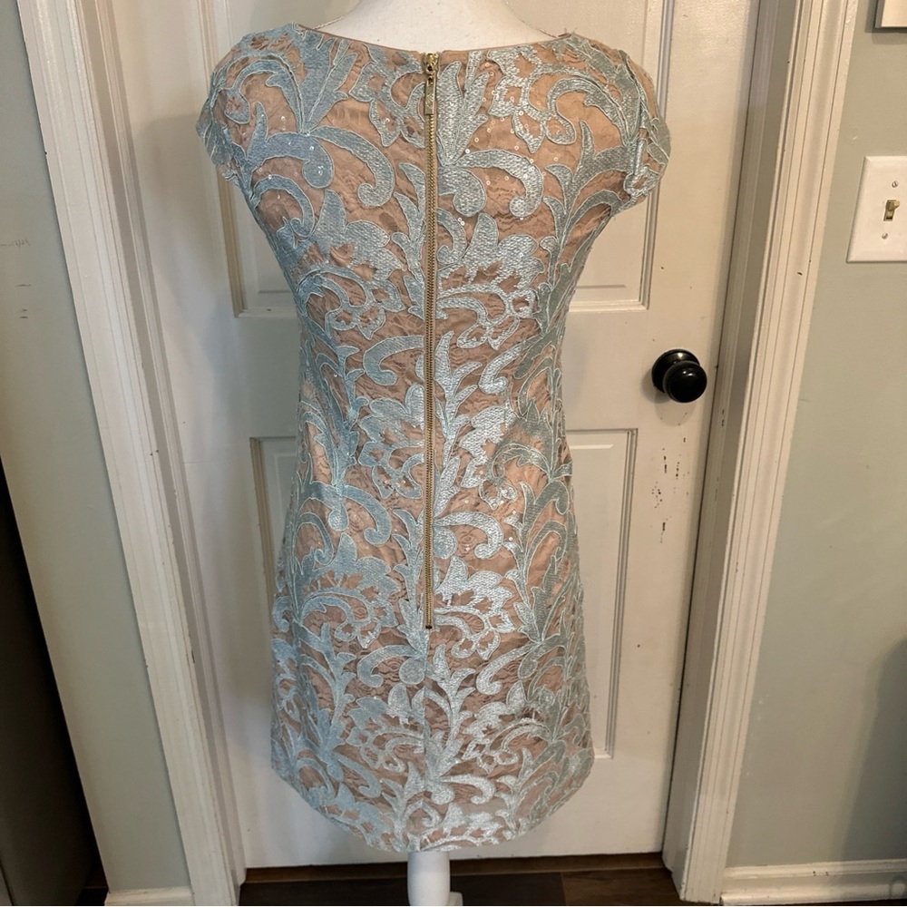 Eliza J Floral Lace Sheath Dress Cap Sleeve Light Blue Nude Lining Size 0 - Picture 6 of 16